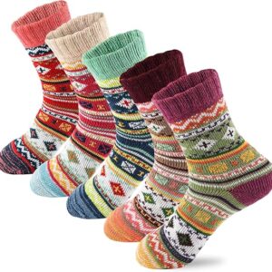 LKV 5Pairs Free Size Fuzzy Socks Soft Wool Crew Warm Socks for Women Winter Multicolor Christmas Womens Winter Socks Gift Box