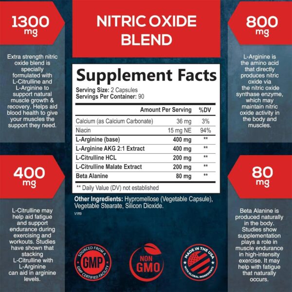 Extra Strength Nitric Oxide Supplement L Arginine 3X Strength - Citrulline Malate, AAKG, Beta Alanine - Premium Muscle Supporting Nitric Booster for Strength & Energy to Train Harder - 180 Capsules - Image 2