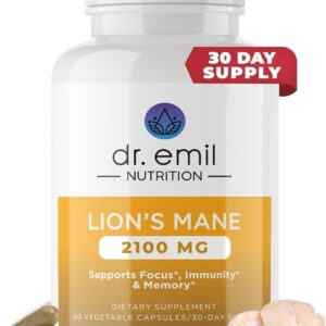 DR. EMIL NUTRITION 2100mg Organic Lions Mane Supplement Capsules - Focus, Mental Clarity & Cognition - Nootropic Lion's Mane Mushroom Supplement with Organic Lions Mane