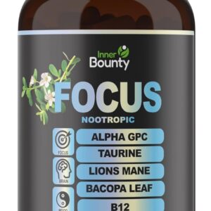 Focus 14-in-1 Nootropic Brain Supplement with Lions Mane, Alpha GPC Choline, Vitamin C & B12, Taurine, Bacopa - Energy, Cognitive, Memory Support, 60 Filler Free Capsules