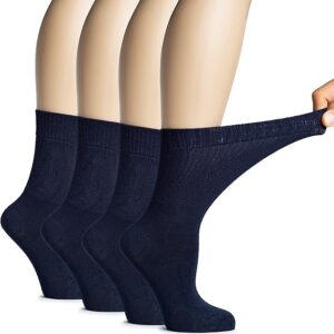 Hugh Ugoli Women's Soft Bamboo Diabetic Crew Socks, Wide, Loose Fit & Thin Socks with Seamless Toe & Non-Binding Top, 4 Pairs