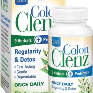 Body Gold Colon Clenz Regularity & Detox Formula | Once Daily Support with 9 Herbs + Active Probiotics | 75 CT