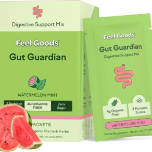 Feel Goods Gut Guardian, Prebiotic & Probiotic Powder, Organic Fiber, Sugar Free, Herbs for Bloat, Gut Health Support, Digestive Health for Men & Women, Non GMO, Vegan | Watermelon Mint, 15 Count