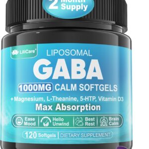 GABA Supplement - 1000 mg Liposomal Form for Optimal Absorption,GABA with L-Theanine, Magnesium Glycinate, 5HTP, Vitamin D3 for Brain Calm, Mood, Zzz Better - Melatonin-Free 120 Softgels.