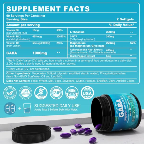 GABA Supplement - 1000 mg Liposomal Form for Optimal Absorption,GABA with L-Theanine, Magnesium Glycinate, 5HTP, Vitamin D3 for Brain Calm, Mood, Zzz Better - Melatonin-Free 120 Softgels. - Image 2