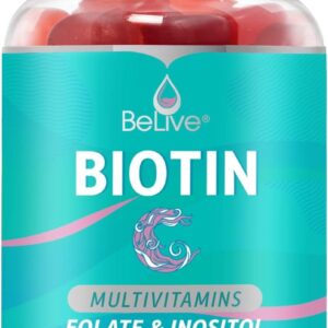 BeLive Biotin Gummies with MultiVitamins, Folate, Inositol – Supports Hair Growth, Healthy Skin & Nails – Vegan, Pectin Based – Strawberry Flavor (1)